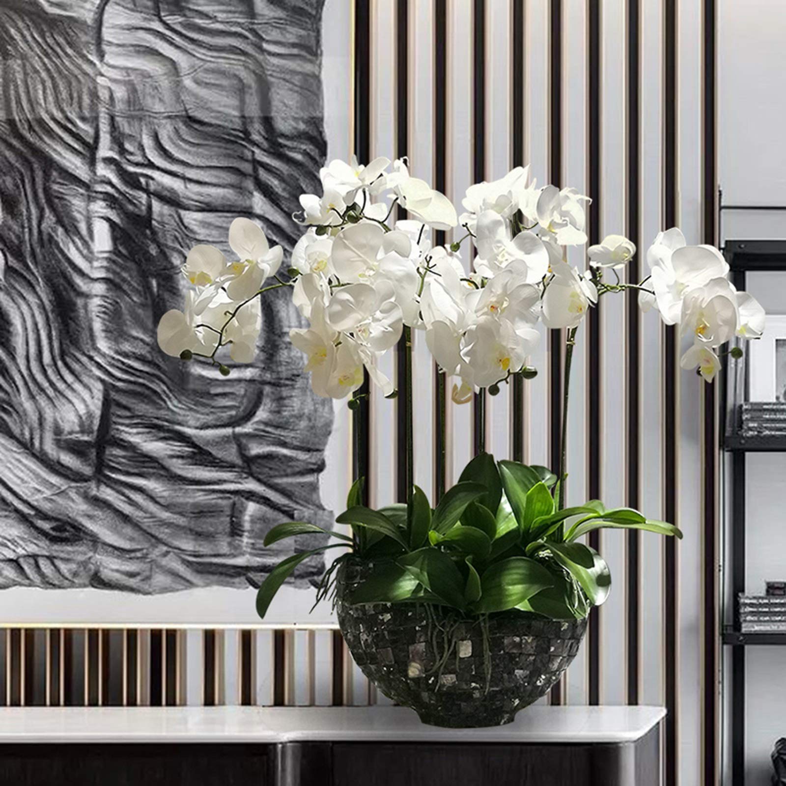 Centrotavola con Fiori Artificiali, Composizione di Orchidee Farfalla, Bouquet di Petali di falaenopsis in Vaso, Bonsai con Vaso per casa/Ufficio/Matrimonio Ciao