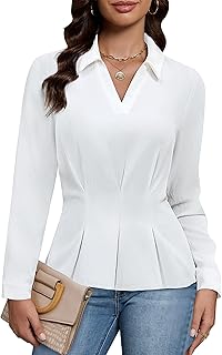 Womens Peplum Business Casual Tops Dressy Work V Neck Blouses Long Sleeve Smocked Polo Collared Shirts