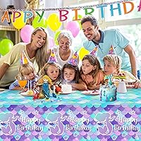 Vista 6 de 1 mantel de sirena – Mantel de sirena de feliz cumpleaños, mantel rectangular de plástico desechable con diseño de sirenas para decoración