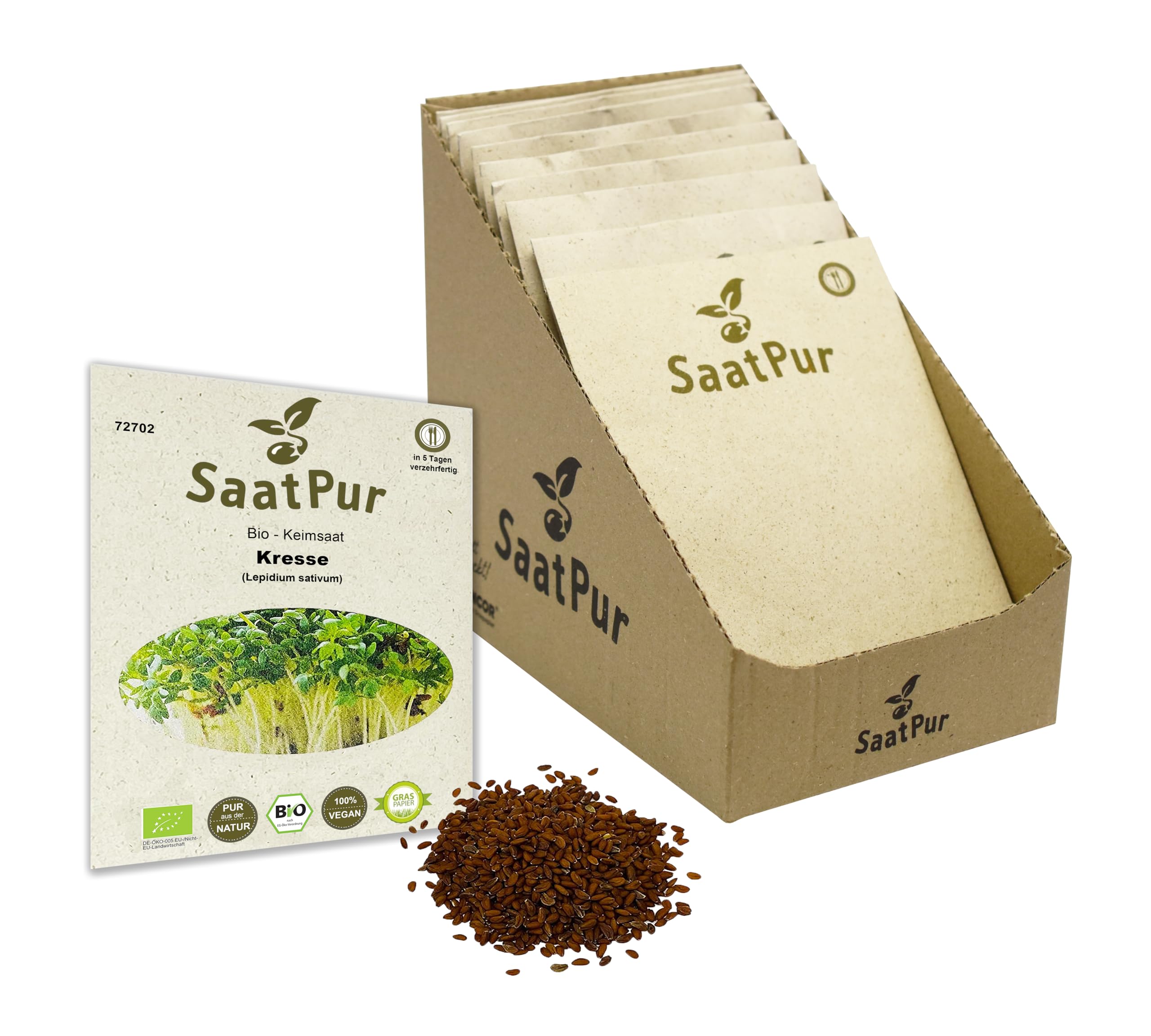 Kresse BIO Keimsprossen von SaatPur - Sprossen Keimsaat, Microgreen - Kleines Tray mit 20 Portionstüten je 75g