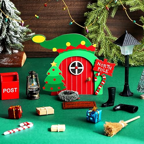 Miniatura 5 de Soaoo 17 piezas de puertas de hadas en miniatura de madera de Navidad, accesorios de casa de muñecas en miniatura de Navidad con puertas de hadas de