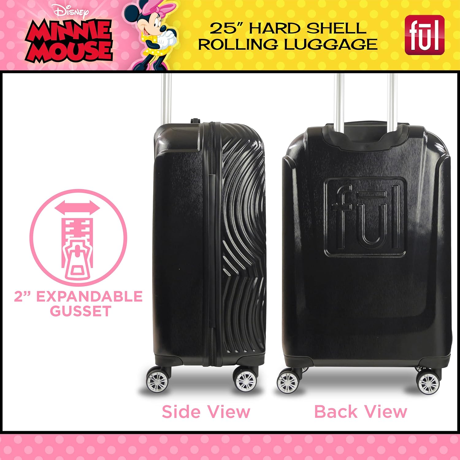 FUL Disney Minnie Mouse 25 Inch Rolling Luggage, Molded Hardshell Suitcase with Wheels, Black