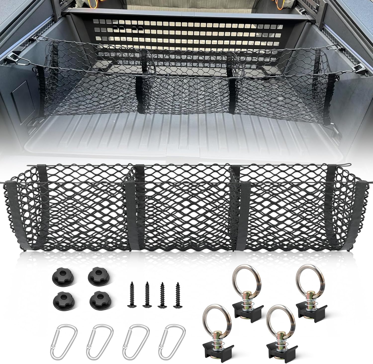 RED WOLF 3 Pocket Cargo Mesh Net for 2024-2025 Tesla Cybertruck Trunk Organizer Netting Rear Bucket Storage Net with L-Track Round Ring D-Carabiner Mounting Hook