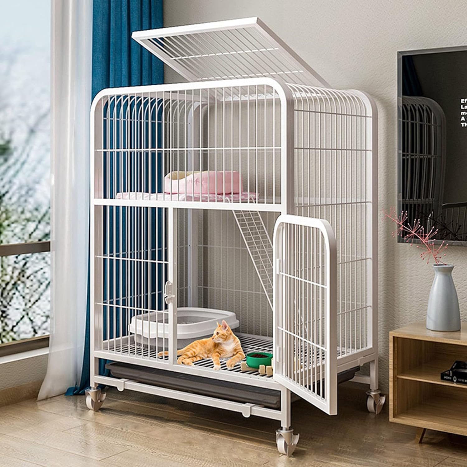Cat Playpen - Deluxe Cat Home Large Cat CageMetal Wire Kennels Crate Small Animal Cage for Kitten Guinea Pig White (88 * 62 * 95cm)
