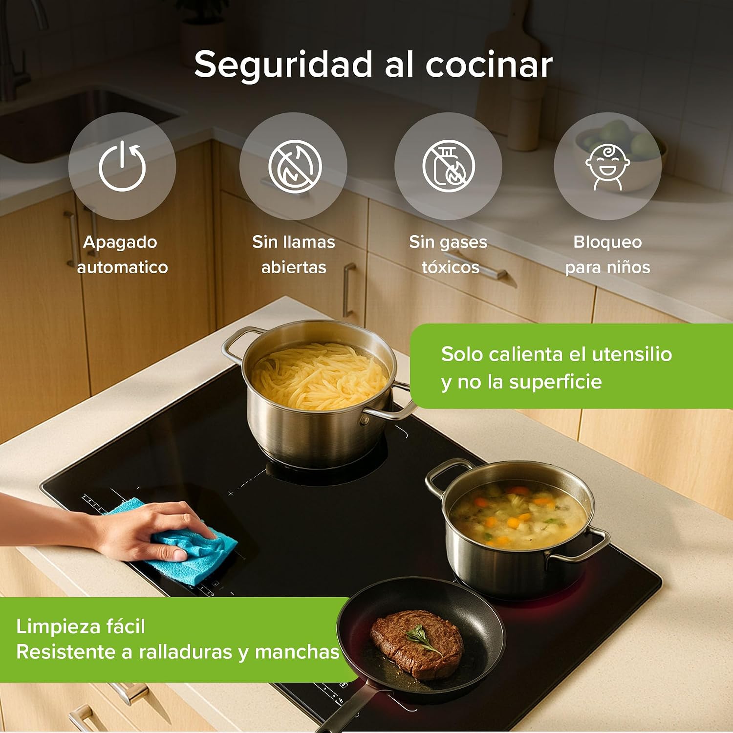 Detailed view of the AVERA PIVF2 Induction Cooktop's touch control panel, showing buttons for heating zone selection, flex zone activation, safety lock, timer, and booster function. Also illustrates the dual flex zone technology and 4mm ceramic glass surface.