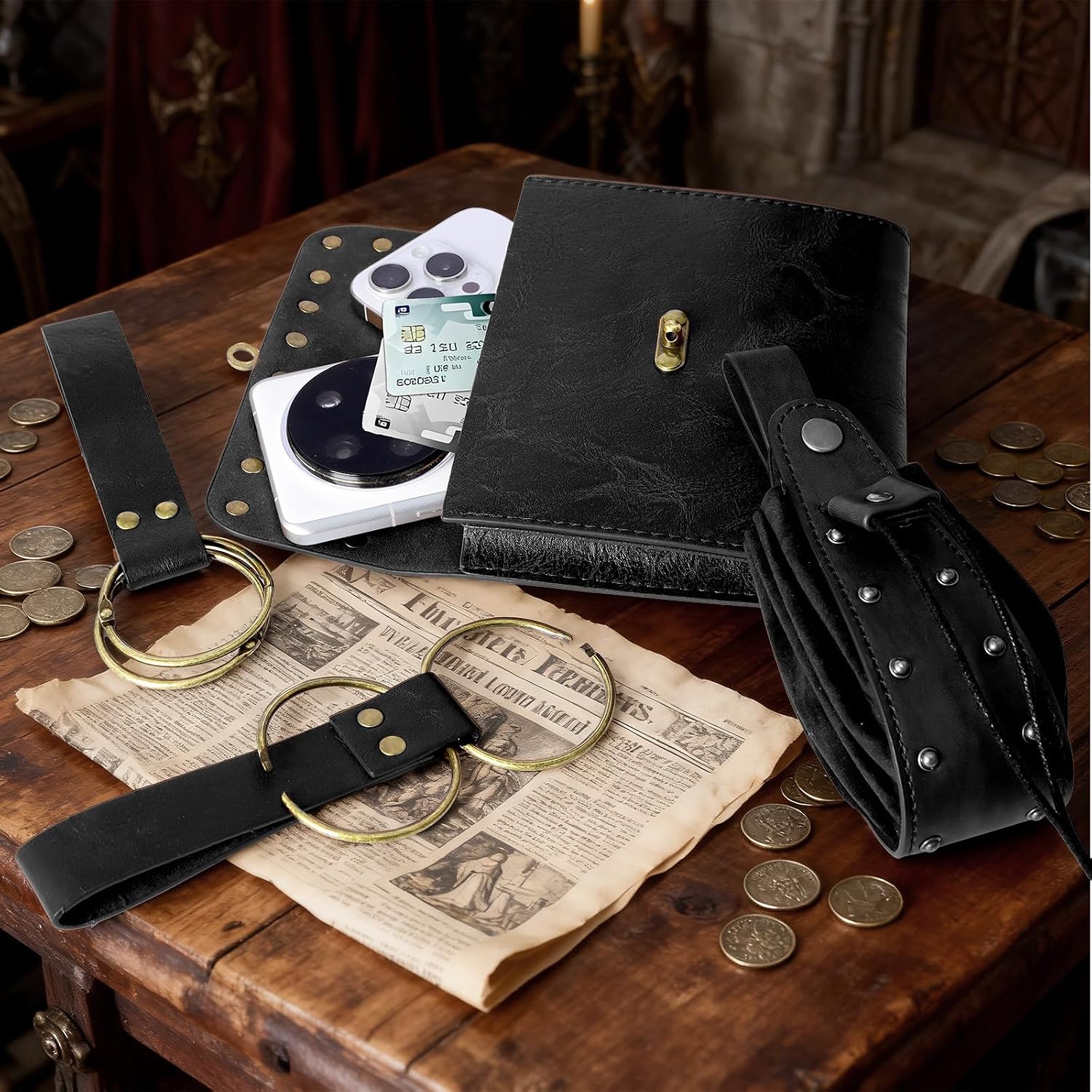 Renaissance Belt Pouch Waist Bag - Medieval Pirate Coin Purse Skirt Hike Halloween Festivals Cosplay Costume Accessories (Black)