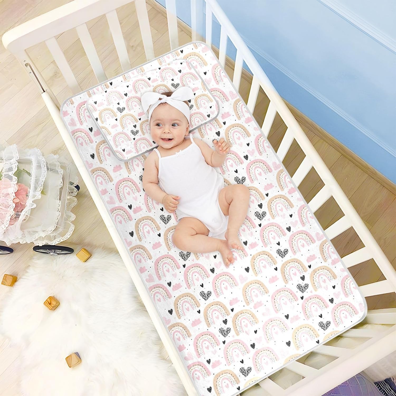 Baby Cooling Mat Pastel Rainbow Ice Silk Breathable Mesh Summer Crib Mattress Pad with Pillowcase, Soft Cooling Sleeping Surface for Infant & Toddler, 52"x28"