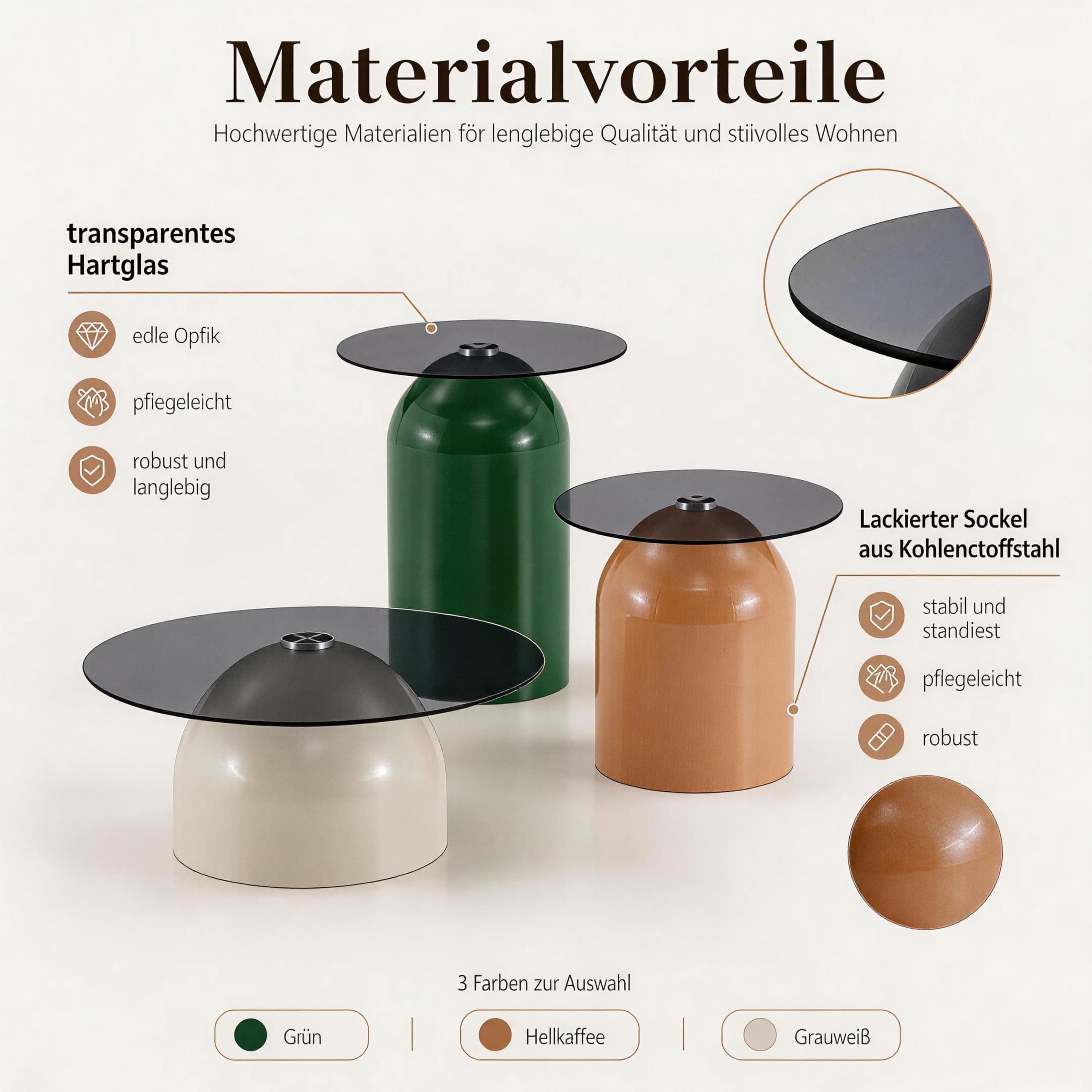 Mesa de centro redonda de 70 cm, mesa de cristal con cristal de seguridad y marco de acero al carbono, mesa de sofá moderna para sala de estar, salón, oficina y cafetería (gris, C)