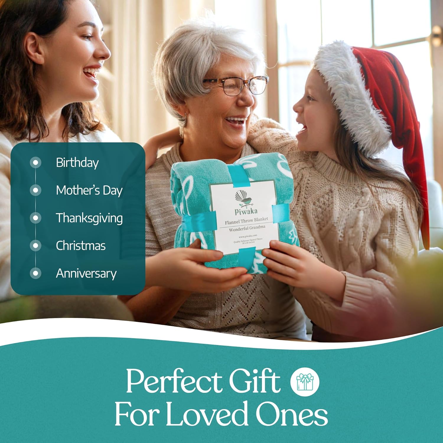 Piwaka Grandma Blanket - Birthday, for Grandma from Grandkids, Cozy Fleece Throw for Grandmother, Nana, Abuela, Gigi, Sentimental Present to Celebrate Love and Warmth (Teal) - Image 6