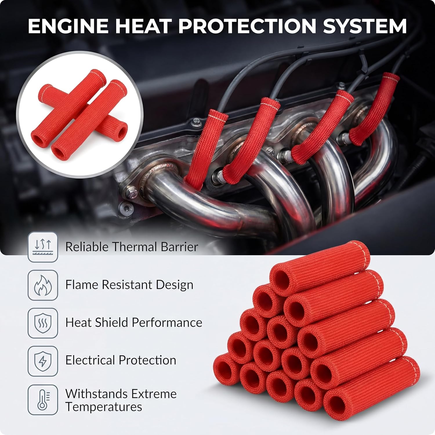 Spark Plug Wire Heat Shield, 8Pcs 2500° Spark Plug Boot, Spark Plug Heat Shield Sleeve for SBC BBC 350 454 Plug Boot Protector, 6 Inch Red