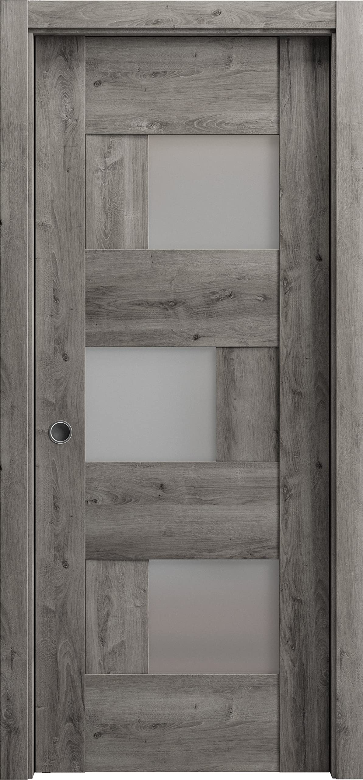 Sliding French Pocket Door 28 x 80 inches | Sete 6933 Nebraska Grey with Frosted Glass | Kit Trims Rail Hardware | Solid Wood Interior Bedroom Sturdy Doors