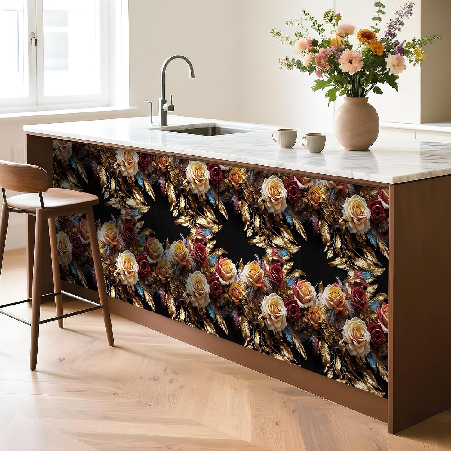 Yenhome Luxury Gold Rose Peel and Stick Wallpaper Self Adhesive Art Deco Gold Leaf and Feather Floral Wallpaper Mural for Girl Room Bathroom Bedroom 17.7"X10ft Vinyl Floral Contact Paper for Cabinets