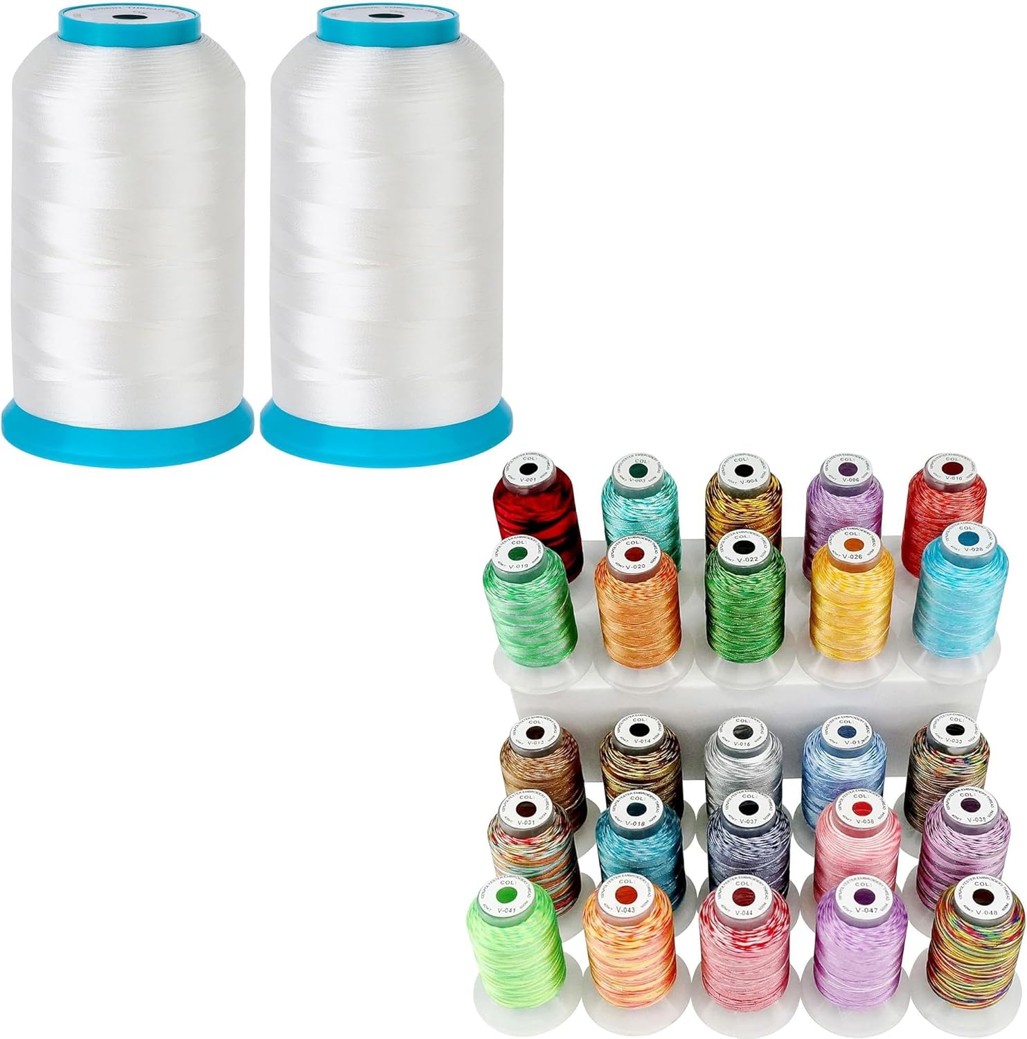 New brothread Set of 2 White Bobbin Thread 60WT Huge Spool 5000M (5500Y) for Embroidery and Sewing Machines & 25 Colors Variegated Polyester Embroidery Machine Thread Kit 500M