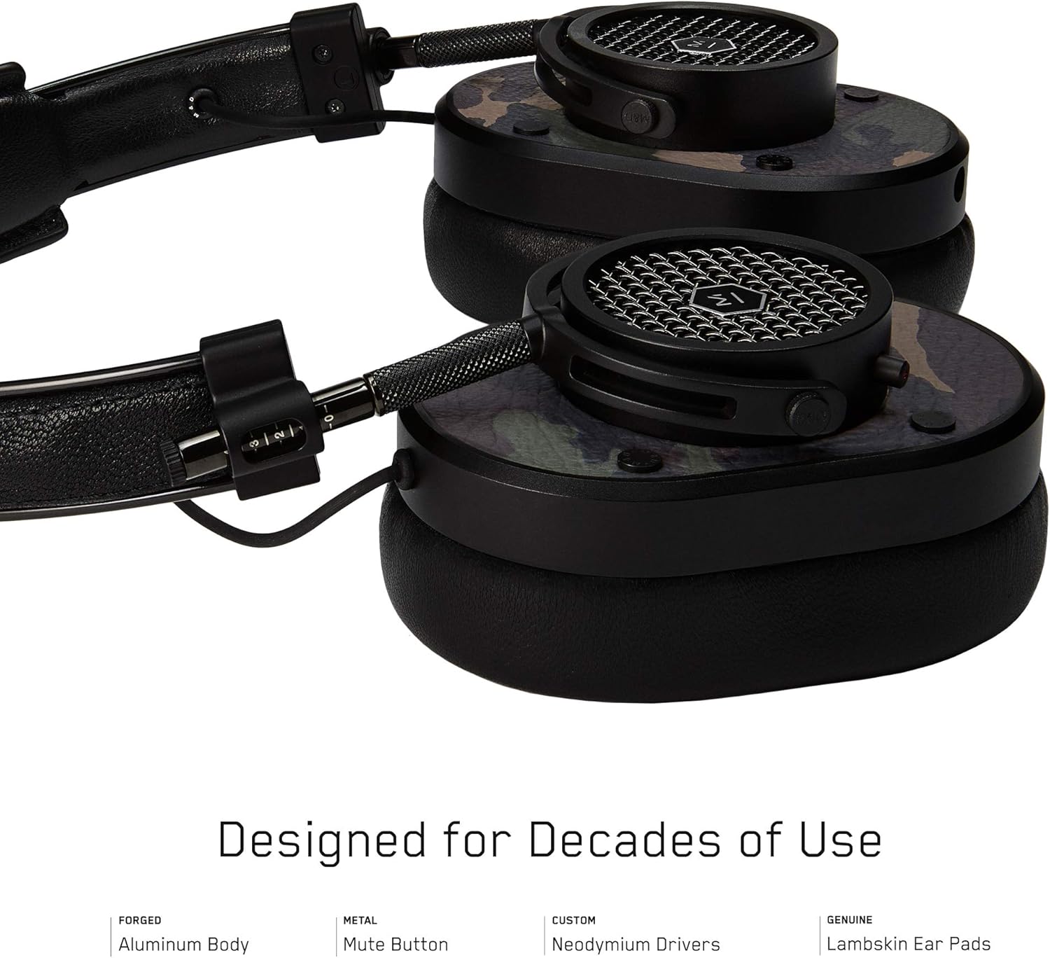 Close-up of MASTER & DYNAMIC MH40 headphone earcups and adjustable hinge