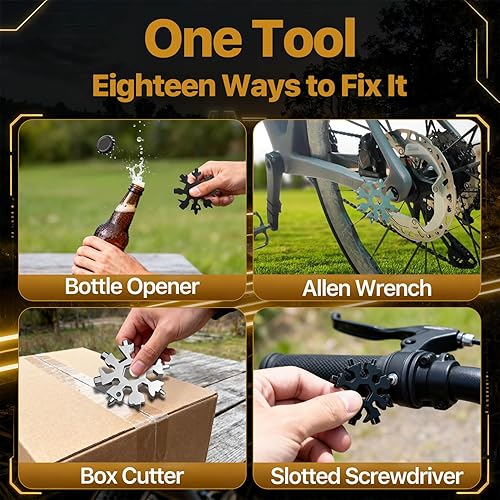 Miniatura 6 de Paquete de 2 multiherramientas 18 en 1 de copo de nieve, acero inoxidable con mosquetón, abrebotellas y llave, mini herramienta para exteriores,