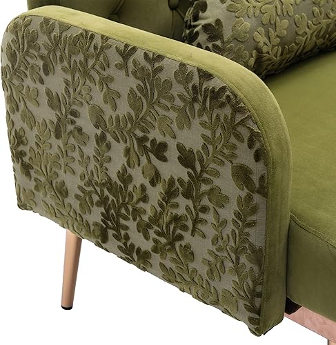 Miniatura 5 de Sofá biplaza verde de terciopelo, sofá pequeño para dormitorio, sofá con pies de metal, 2 almohadas incluidas