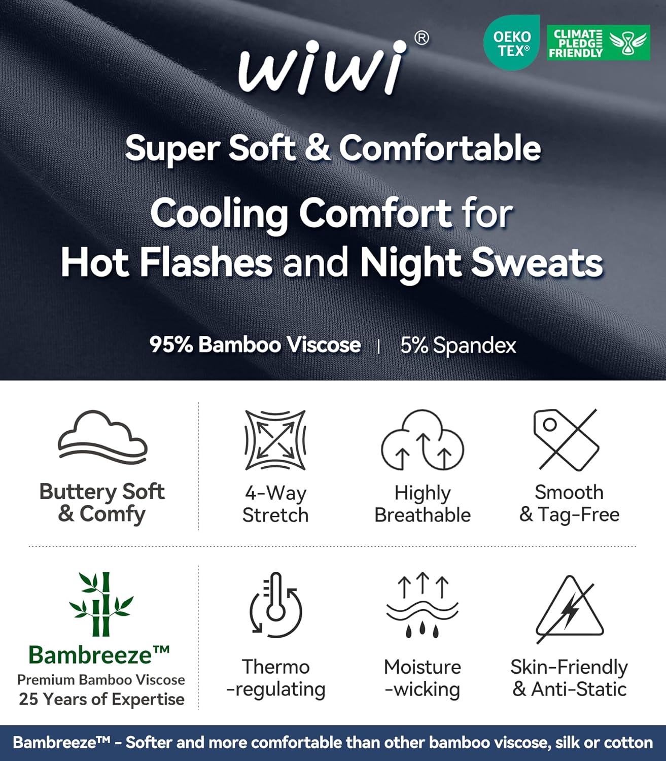 WiWi Womens 3/4 Sleeve Pajamas Set Soft Cooling Bamboo Viscose Top with Pants Sleepwear Plus Size Pjs S-4X with Pockets - Image 6