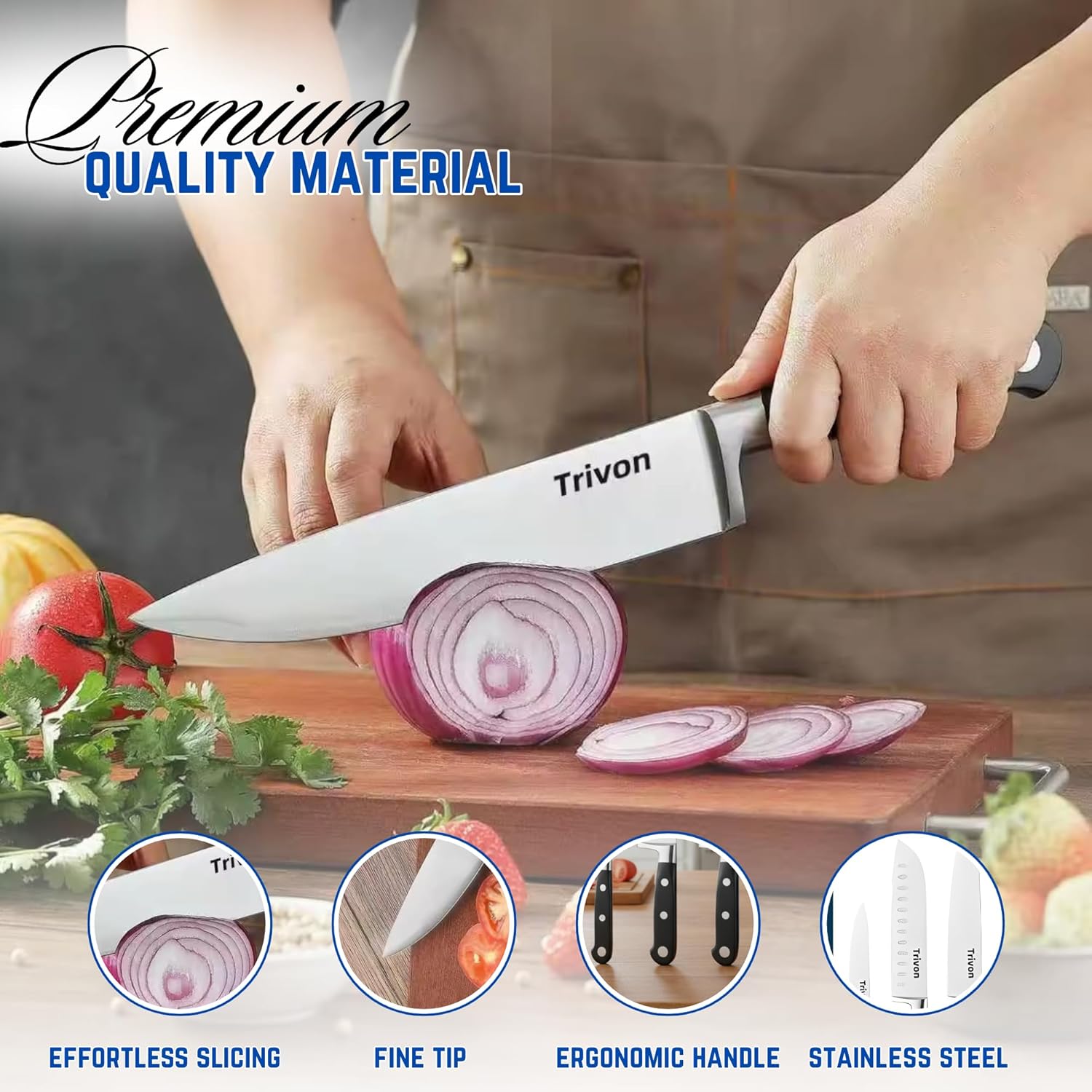 Trivon Kitchen Knife Set with Gift Box – 3-Piece Professional Chef Knife Set, Japanese High-Carbon Stainless Steel Ultra-Sharp Cooking Knives 8" Chef Knife + 7" Santoku + 5" Utility Knife - Image 3