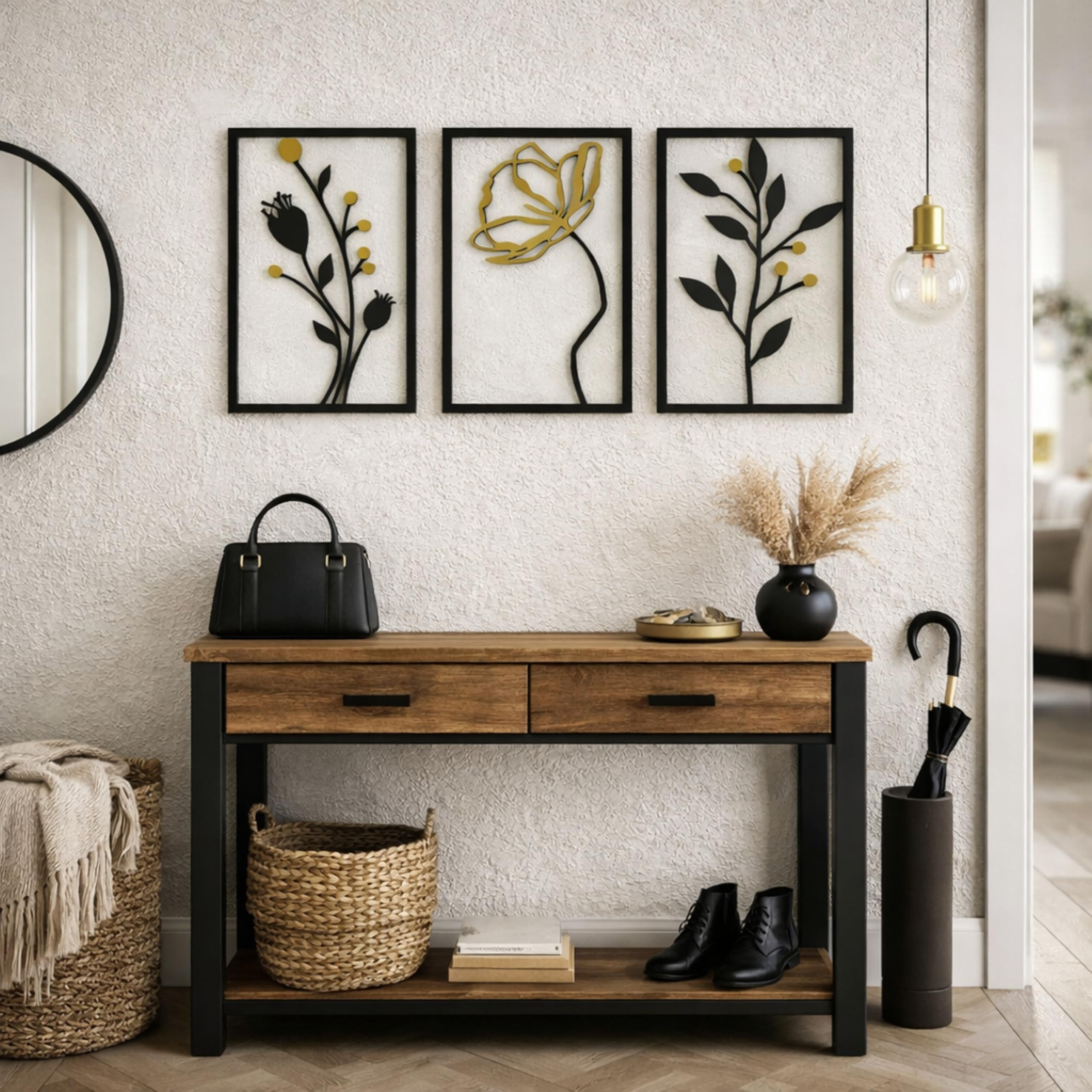 Outentin 3D Holz Wandbild Set – Moderne Wanddeko aus Holz 5mm – Wandkunst & Wandskulptur für Wohnzimmer, Schlafzimmer & Büro – Abstrakte, Boho & Zeitlose Holzdeko (43x85,5 cm, Goldene Blumen)