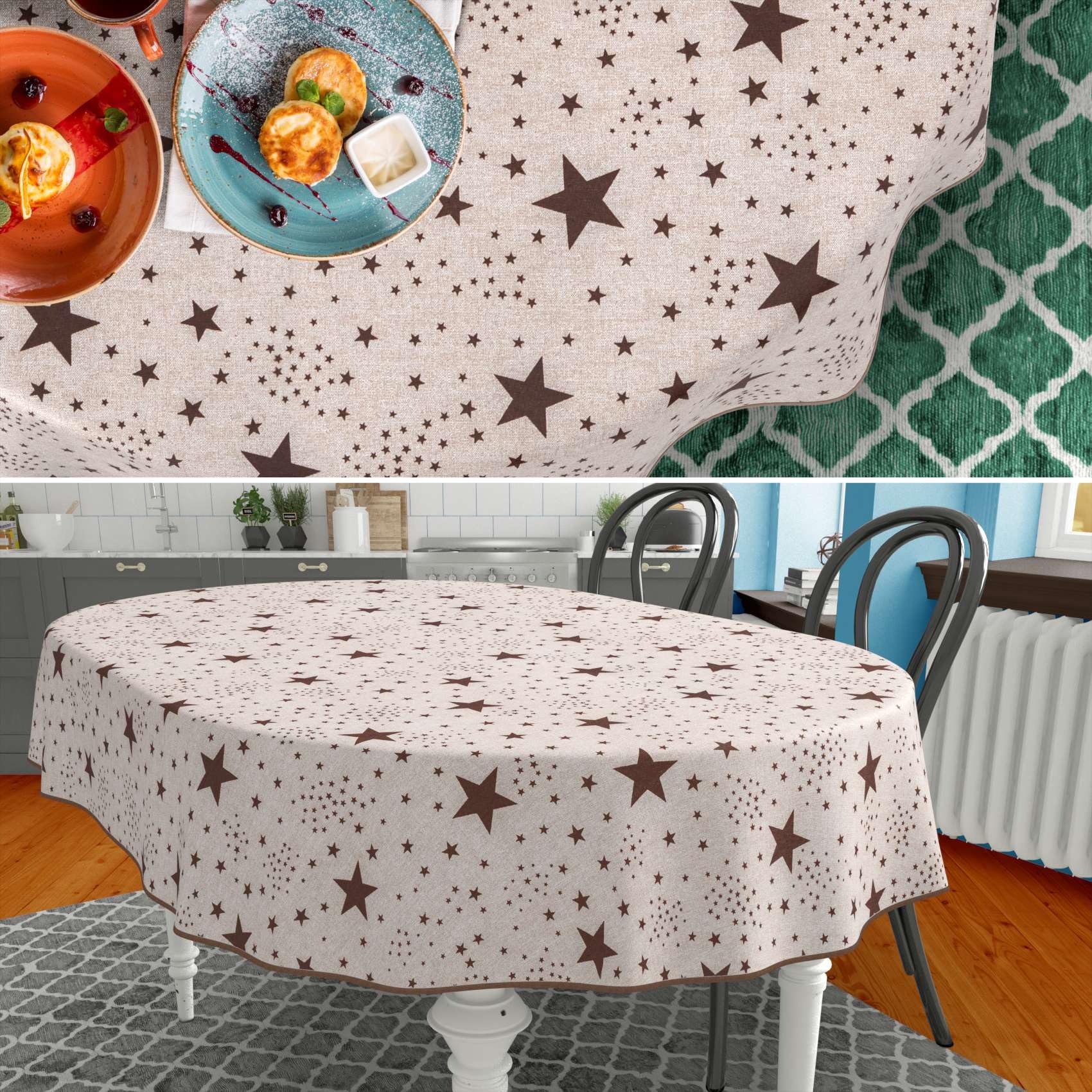 Mantel de tela textil lavable, mantel de algodón, poliéster, estrellas, ovalado, 280 x 140 cm, para interior y exterior