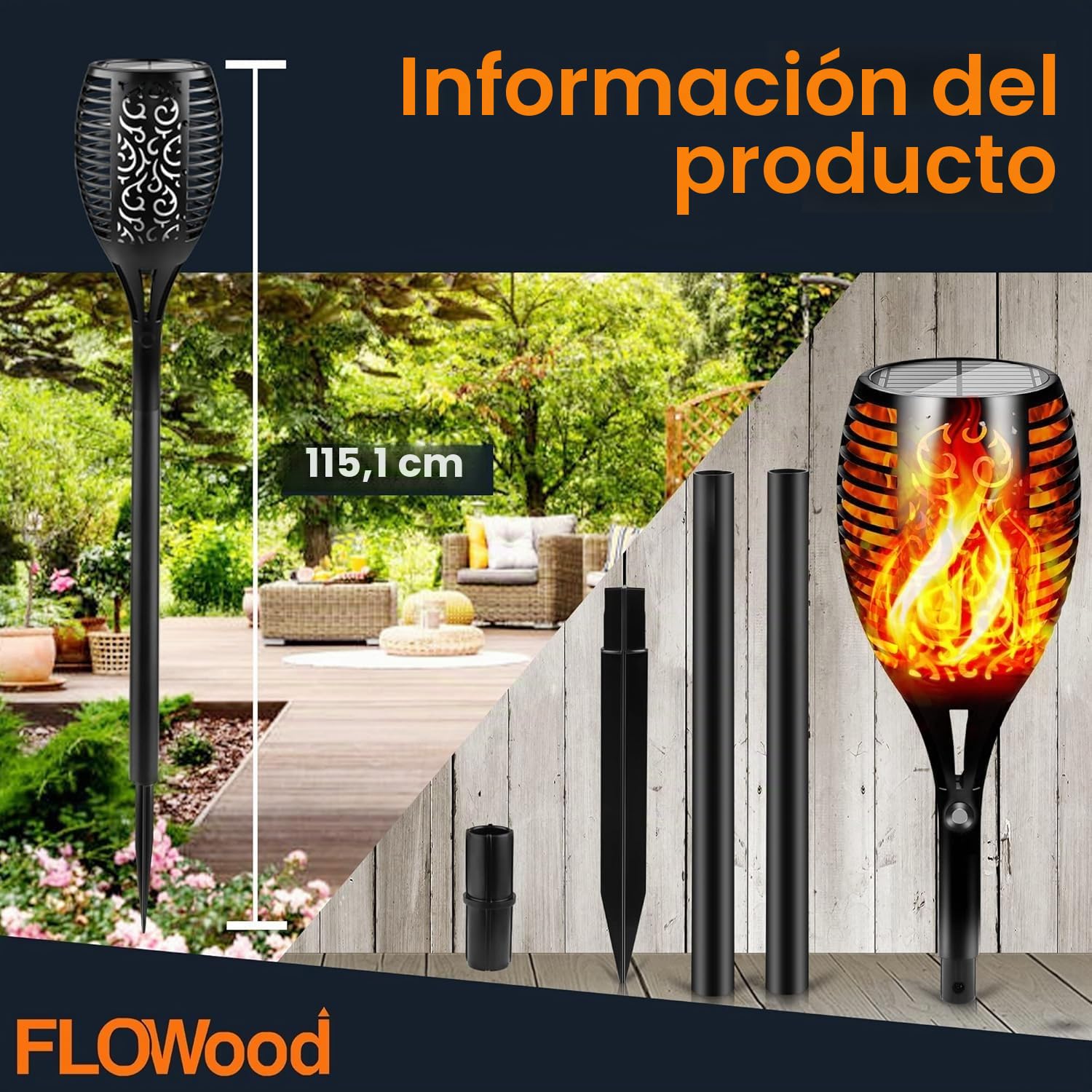 FLOWood Luces solares para jardín al aire libre, paquete de 2 luces solares grandes de 96 LED, llama parpadeante, luces solares para exteriores del anochecer al amanecer, luces de camino impermeables