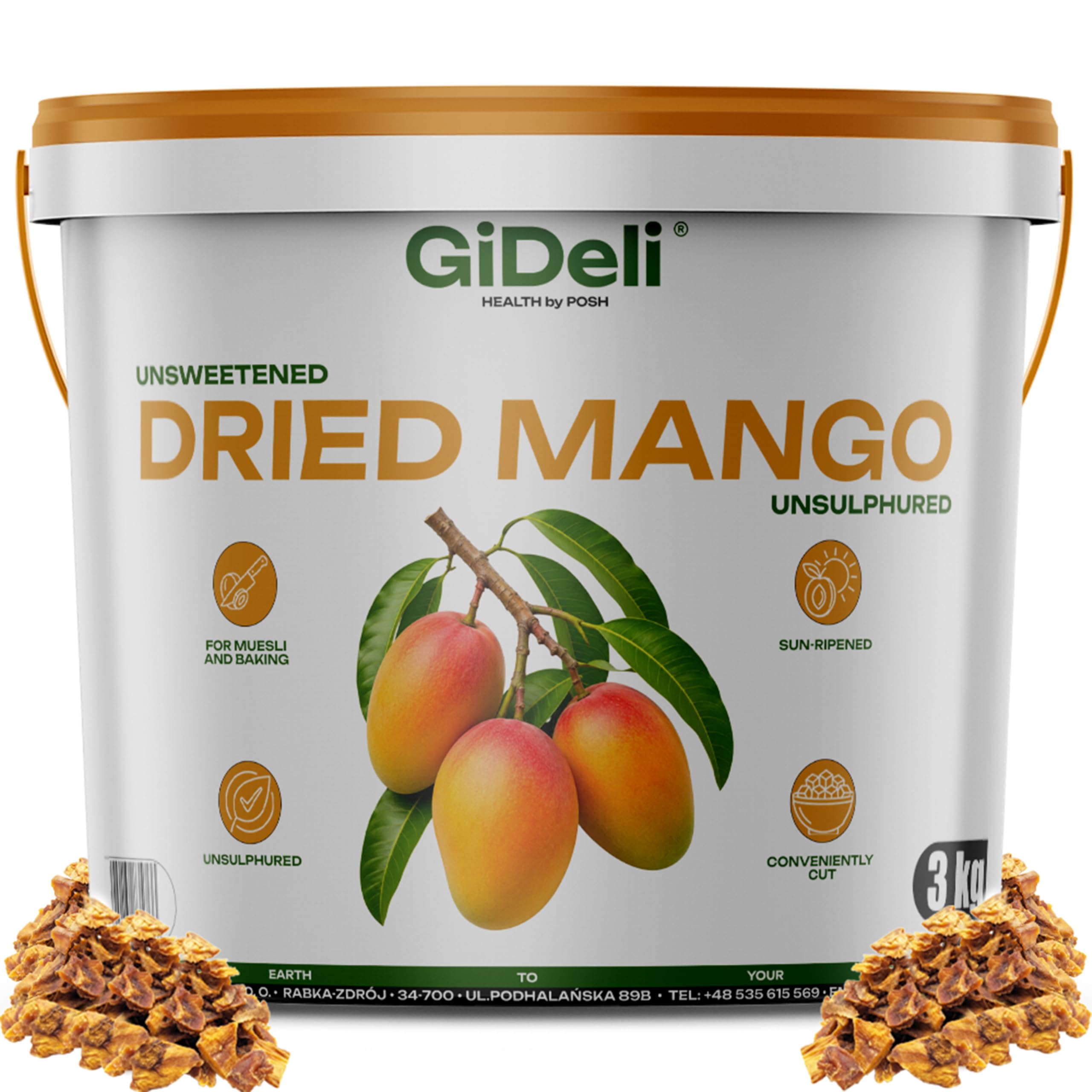 GiDeli Getrocknete Mango Ungesüßt Ungeschwefelt 3kg im Eimer - Naturbelassene Trockenfrucht ohne Zuckerzusatz - Sonnengereifte Mangostreifen - Natürliche Ballaststoffquelle - Ideal für Müsli & Backen