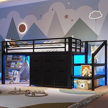 Low Loft Bed Twin Size with 9 Storage Drawers, Stairs and LED Lights, Metal Loft Bed with Safety Guardrail and Under-Bed Play Space, No Box Spring Required Black + Stairs, Twin