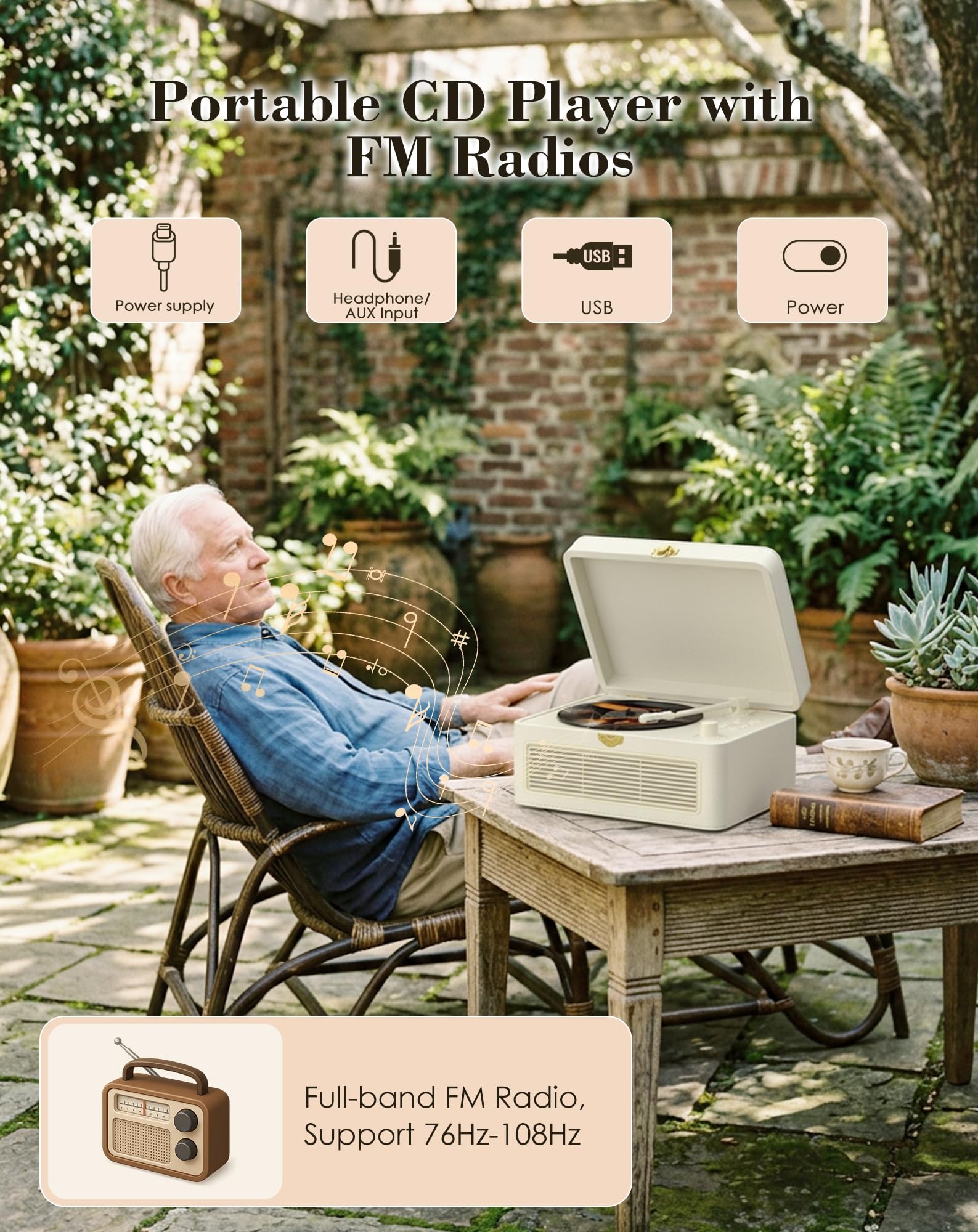 Lecteur CD Portable Bluetooth, Radio rétro avec Lecteur CD, Haut-Parleur, supporte la Lecture USB & AUX, avec télécommande, Housse antipoussière en Cuir PU, Blanc