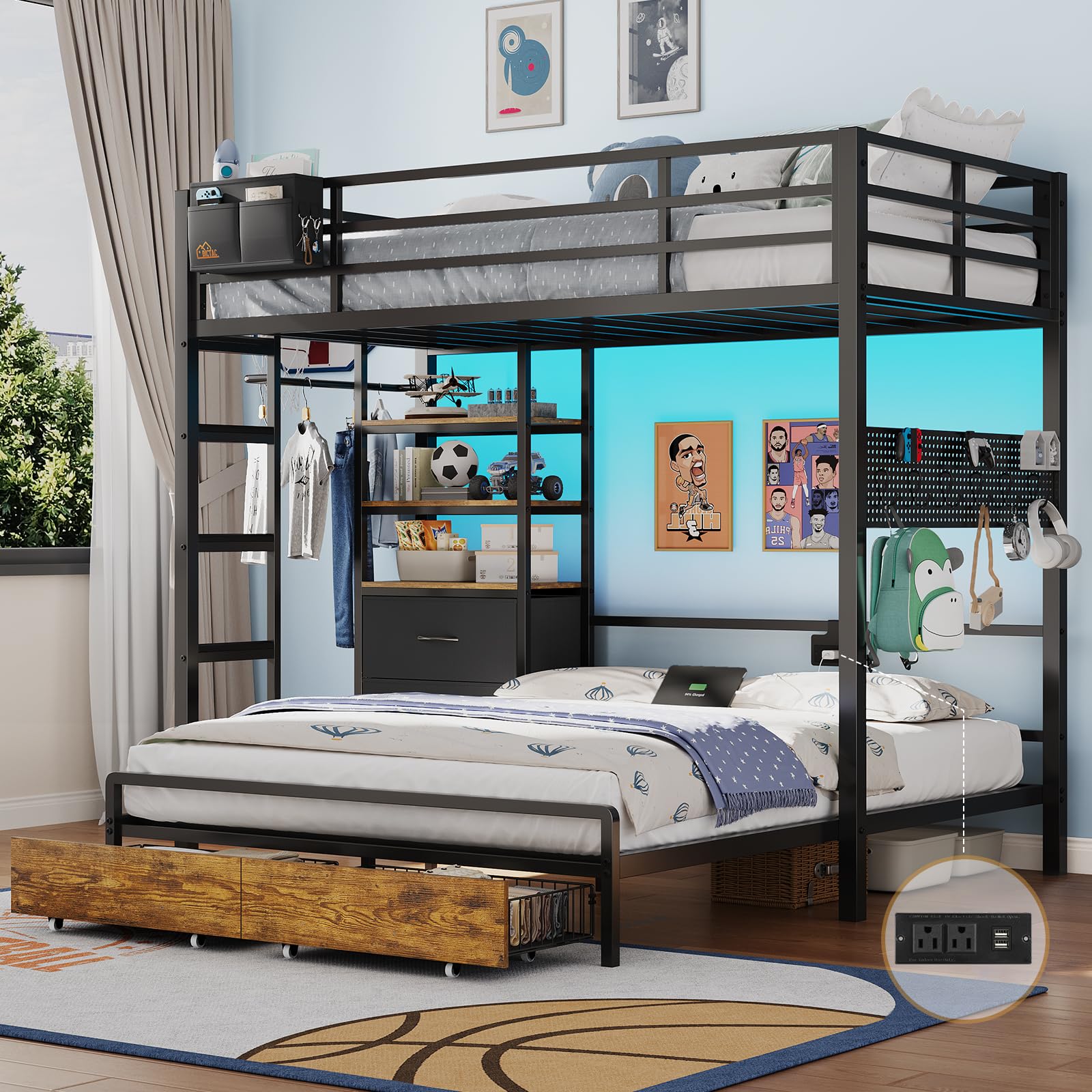 DICTAC Twin Over Full Bunk Bed with Storage and LED Lights
