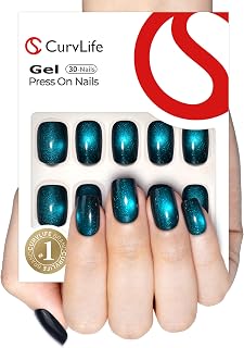Curvlife 30pcs Press on Nails, Soft Gel Cat Eye Fake Nail with Short Apricot Design, Full Cover False Nails Tips Glossy Nude Glue on Nails Artificial Stick on Nails for Women