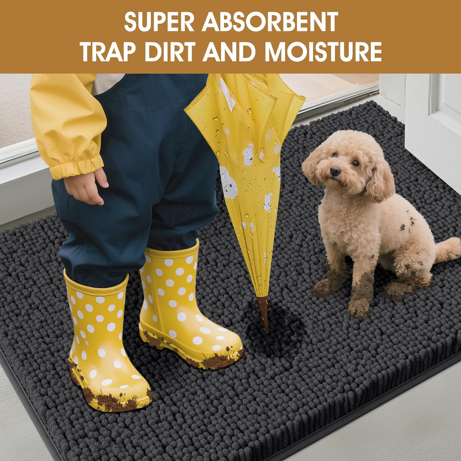 2 Pieces Muddy Door Mats for Dogs, 30" X 20" Chenille Absorbent Doormat, Trap Dirt Non Slip Heavy Indoor Doormat Soft Dog Bed Mat Front Inside Door Mat for Indoor Outdoor Entrance,Dark Grey