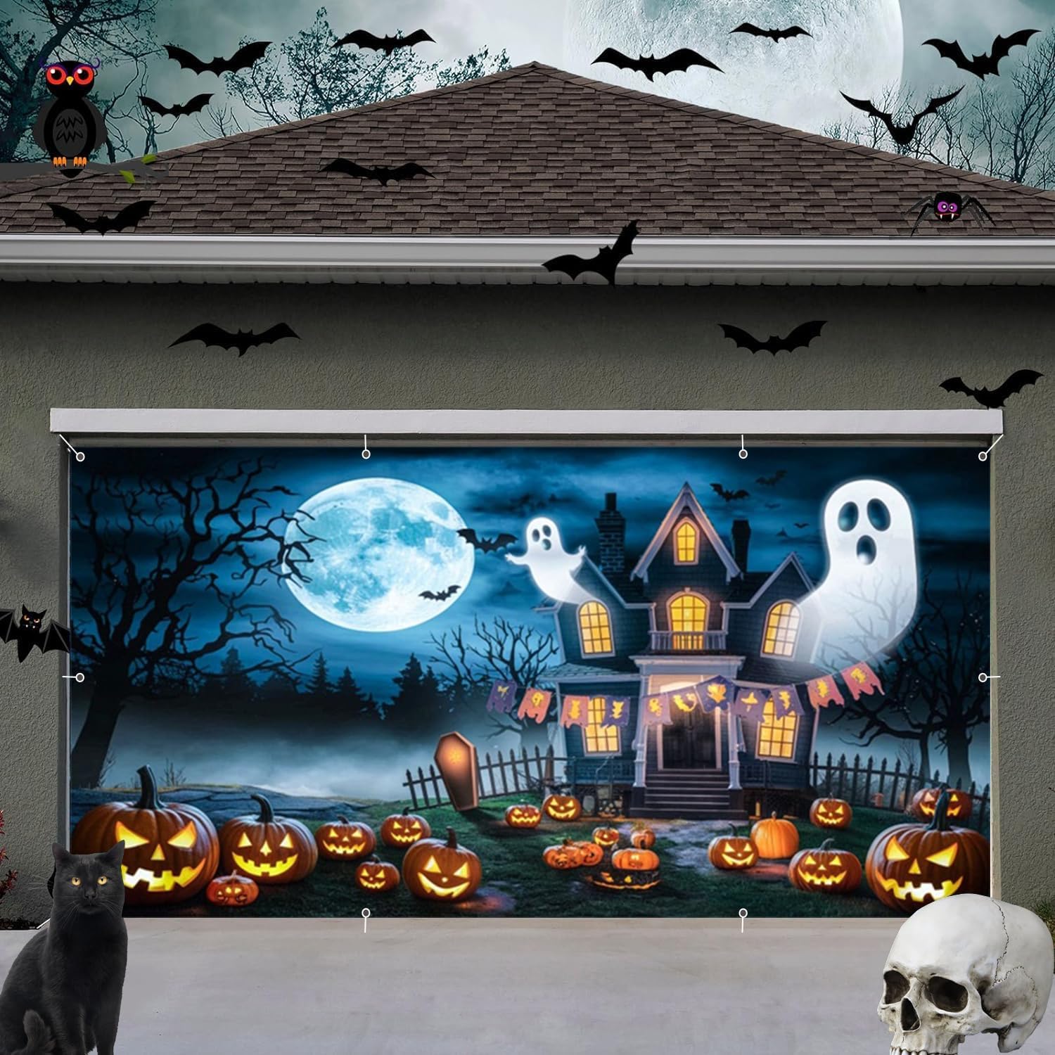 Halloween Garage Door Decorations 7x16ft Large Halloween Garage Door Cover Full Moon Night Scary Bats Pumpkin Lantern Ghost Castle Backdrop Decoration Indoor Outdoor Wall