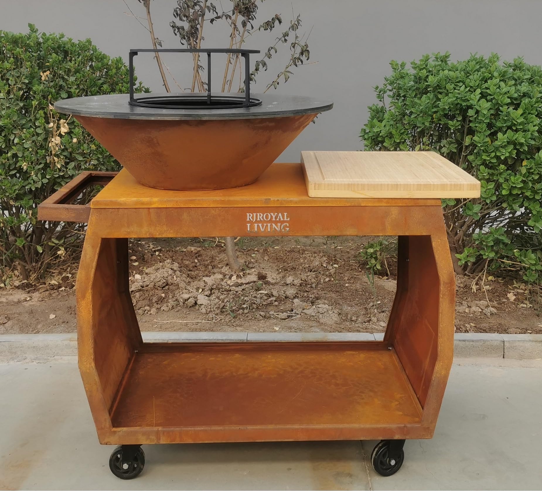 Barbecue Plancha Grill Big Jack 3.0 in acciaio Corten, anello di fuoco, braciere con piastra di fuoco, cestino per il fuoco, braciere