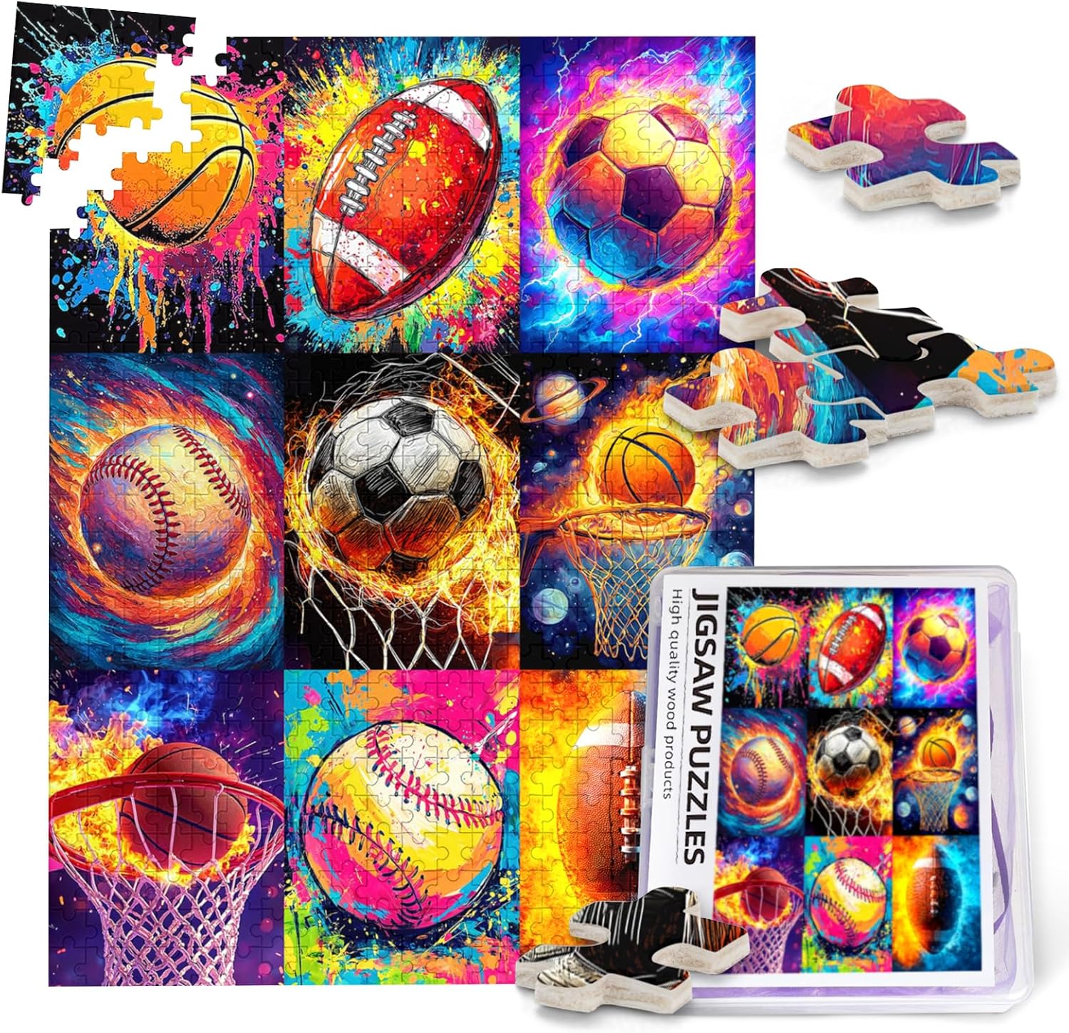 Graffiti Sports Balls Jigsaw Puzzles for Adults 500 Pieces Basketball Baseball Football Soccer Puzzle Colorful Ball Wooden Puzzles for Ball Lovers Fun Family Game Challenging Activity Home Decor