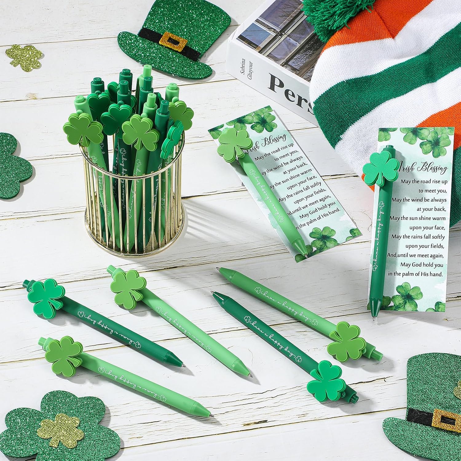 Jetec 100 Sets St Patrick's Day Pens Gift Bulk with Irish Blessing Cards Lucky Shamrock Ballpoint Pen with Twist Ties Green Clover Rollerball Black Ink for St. Patrick's Day Party Favors Supplies
