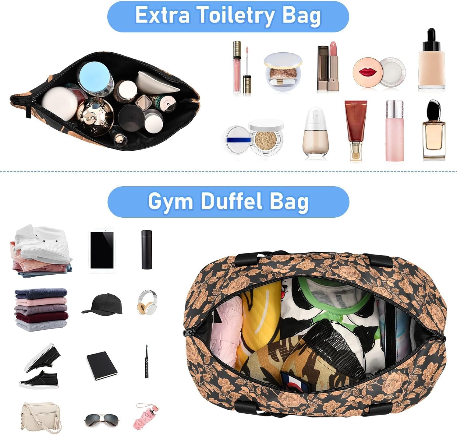 Waterproof Travel Tote Bag Floral Rose Gold Black Gym Sports Carry with Toiletry Bag for Trekking