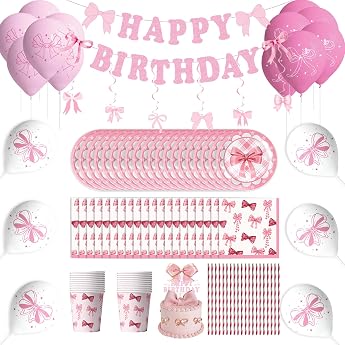 Birthday decoration birthday decoration with party tableware Pink Bow party tableware set party set with pastel cup napkins paper plate birthday girl birthday decoration for party