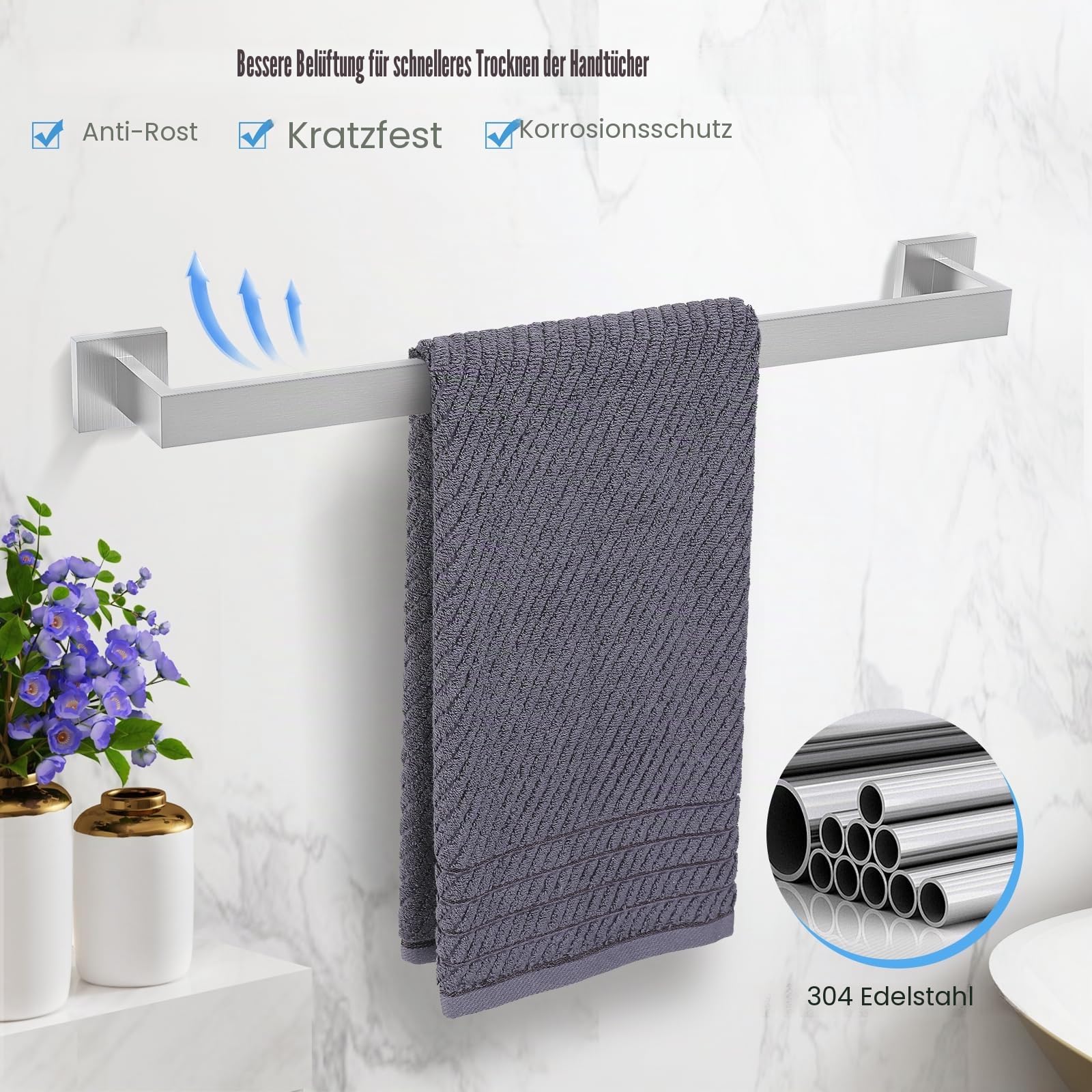 Turs 5-teiliges Badezimmer-Zubehörset, Handtuchstange, Haken, Toilettenpapierhalter, Handtuchring, zur Wandmontage (Gebürstetes Silber)