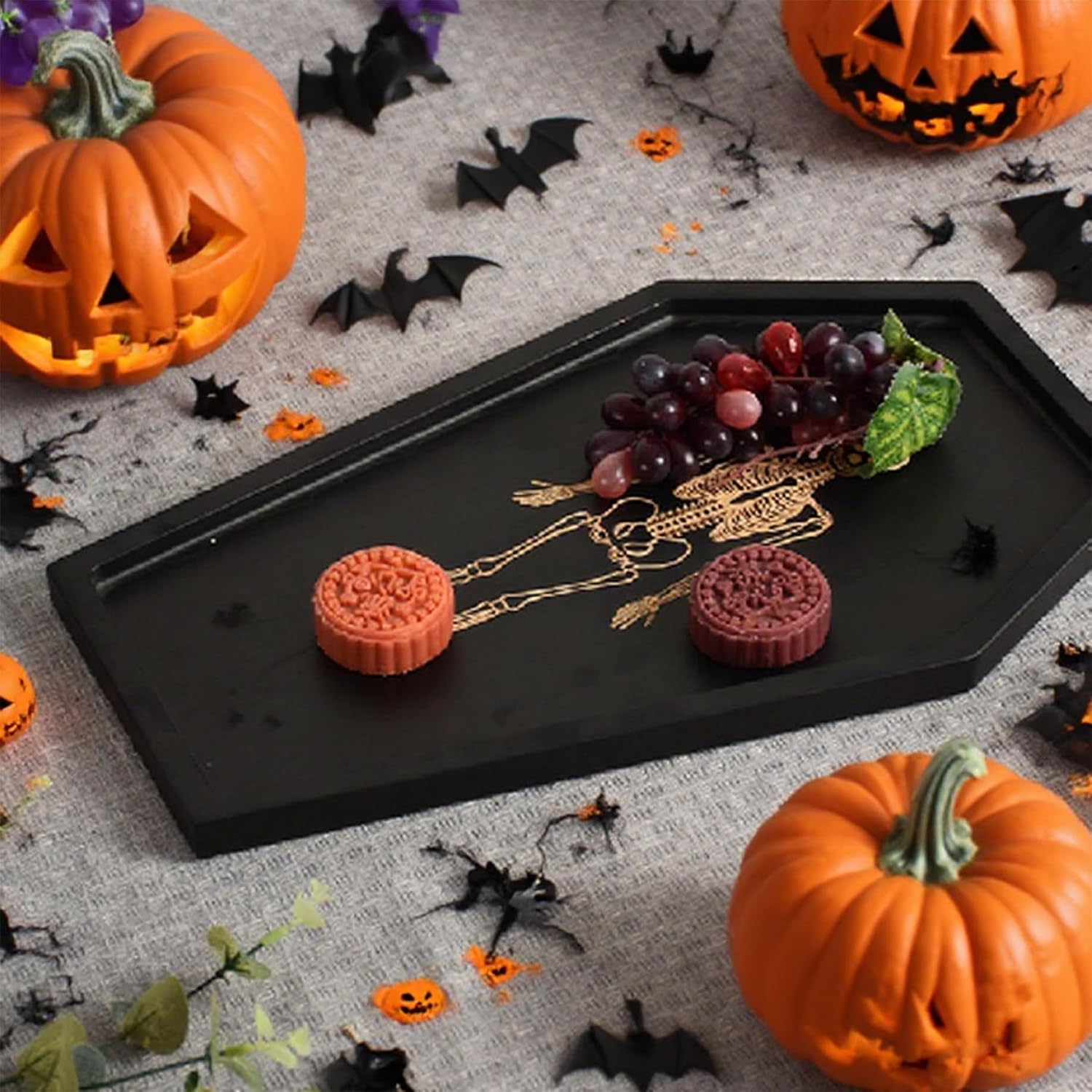 Halloween Charcuterie Board 11x15.7 Coffin Halloween Serving Dishes with Engraved Skeleton Gothic Coffin Letter Board for Food Party