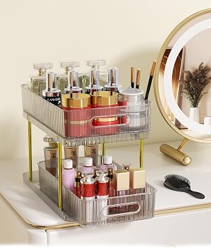 colorsmoon 2-Tier Makeup and Skincare Organizers for Vanity, Large Perfume Organizer, Pull-out Bathroom Organizers and Storage with 4 Removable Dividers for Bath, Bedroom, Cabinet, Clear