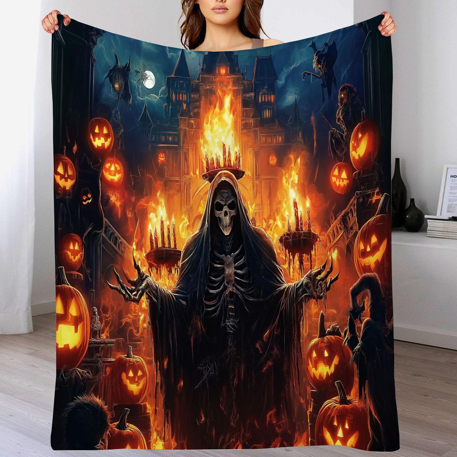 Couverture citrouille en flanelle orange 220x240cm avec finitions soignées pour grand lit