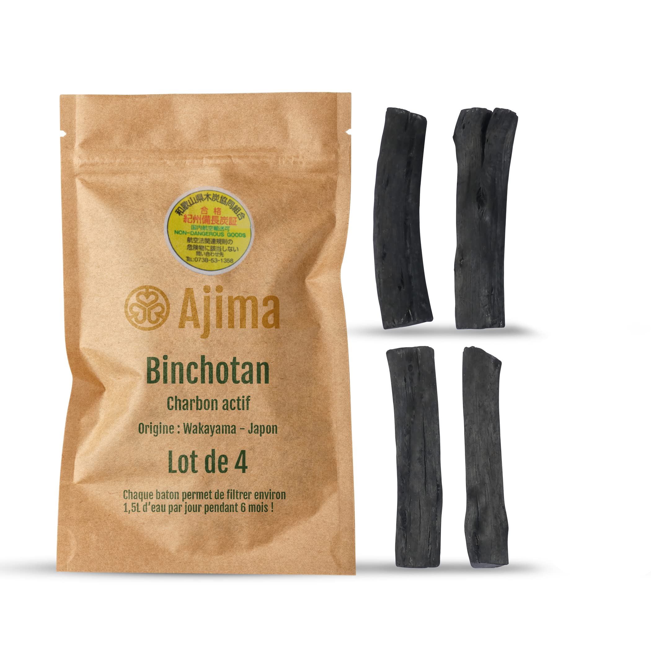 Binchotan Charbon Attivo, ecologico, Purificatore d'acqua, 4 x 25 g, Ogni Baton Filtro Circa 1,5 L - Carbone di quercia di Wakayama Certificato - Ideale per filare l'acqua in caraffa