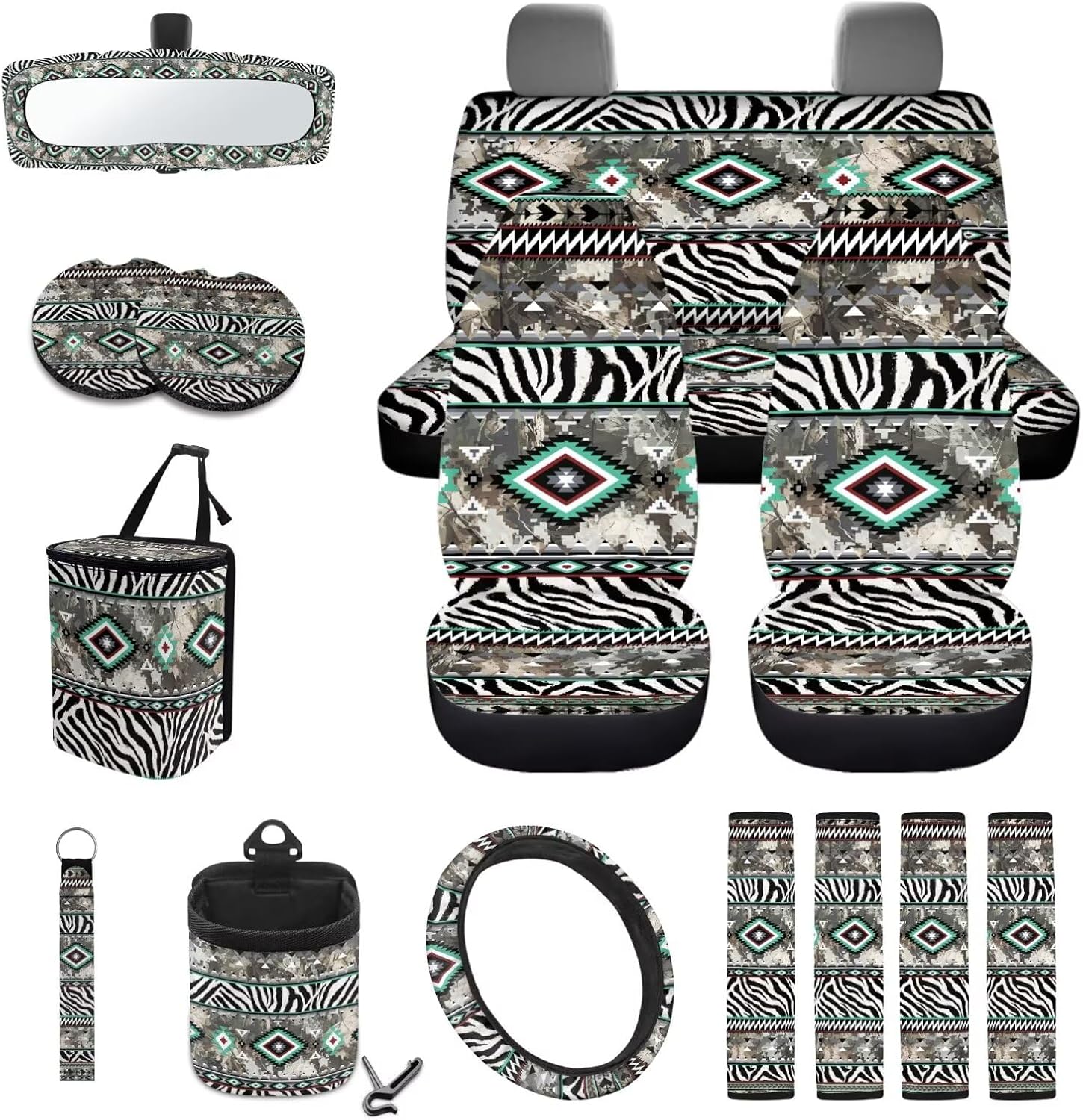 Wanyint Aztec Camo Zebra Print Car Accessories 15 Pack Set, US Flag Universal Seat Cover Steering Wheel Rearview Mirror Cover Seatbelt Strap Pad Trash Can Mount Storage Pocket Cup Holders Keychain