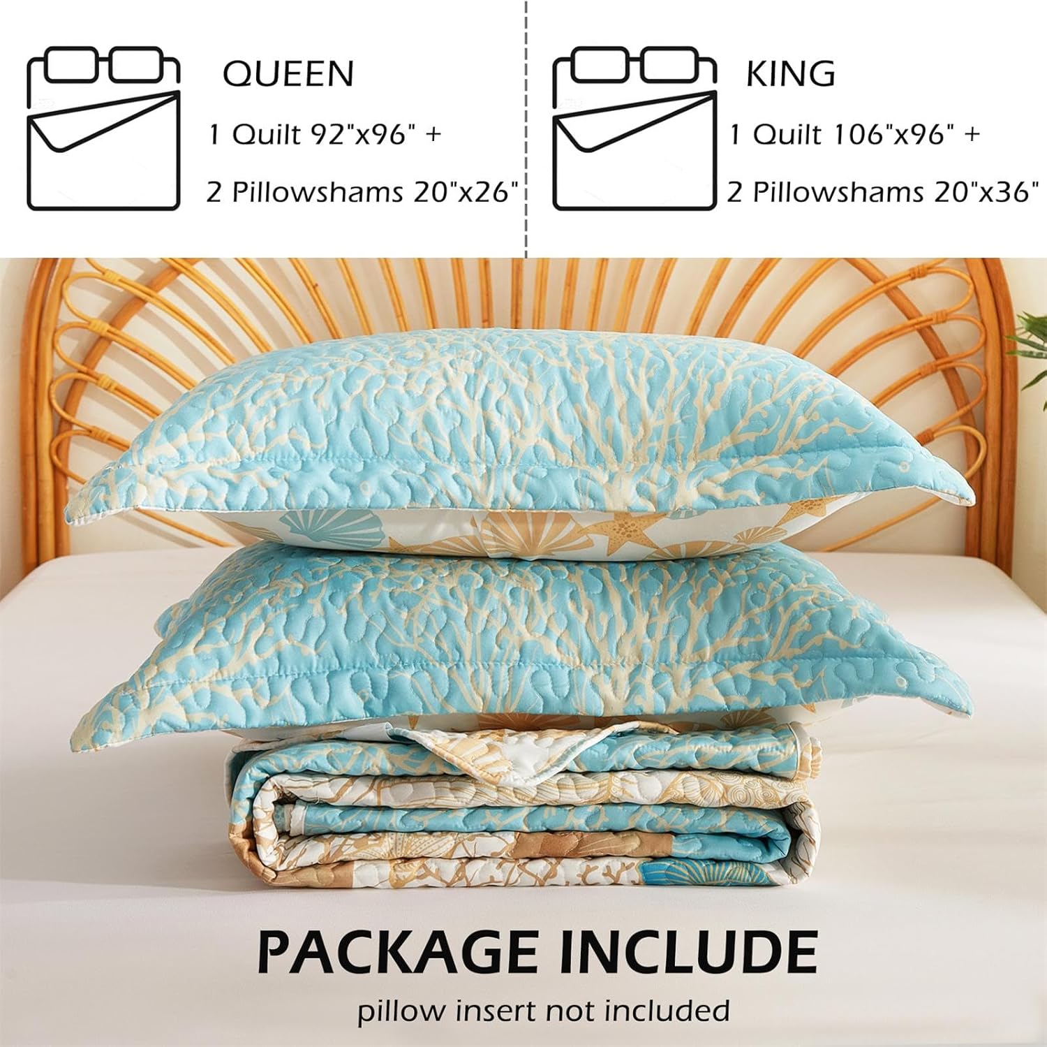 Cmfshape King Coastal Quilt Set 3 Pieces,Reversible Shell Bedspread,Ocean Coral Starfish Printed Bedding for All Season,Summer Quilt Bed Set with 2 Shams(106"x96",Blue)