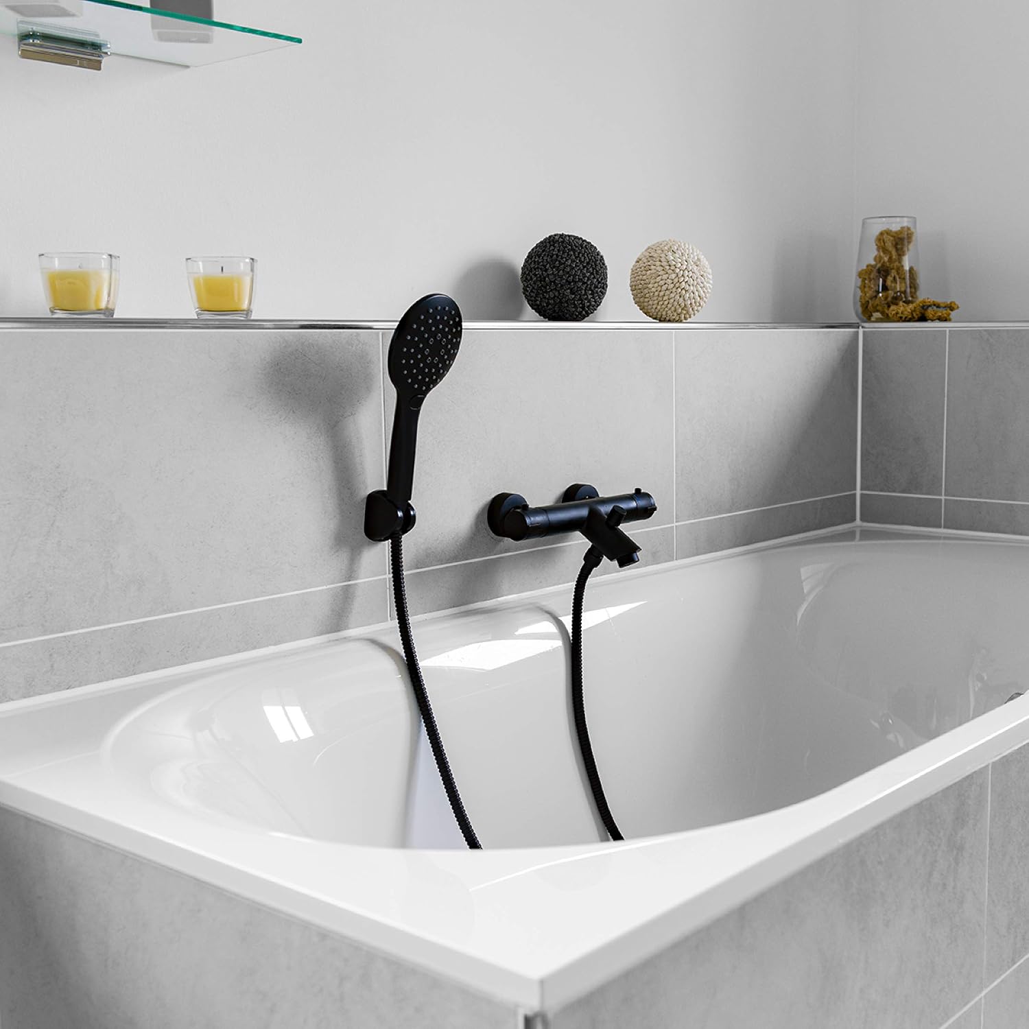 Cornat Noir NERS2 Bath Thermostatic Mixer Tap for Wall Mounting Matt Black Brass Body Temperature Selection Handle and Hot Water Lock