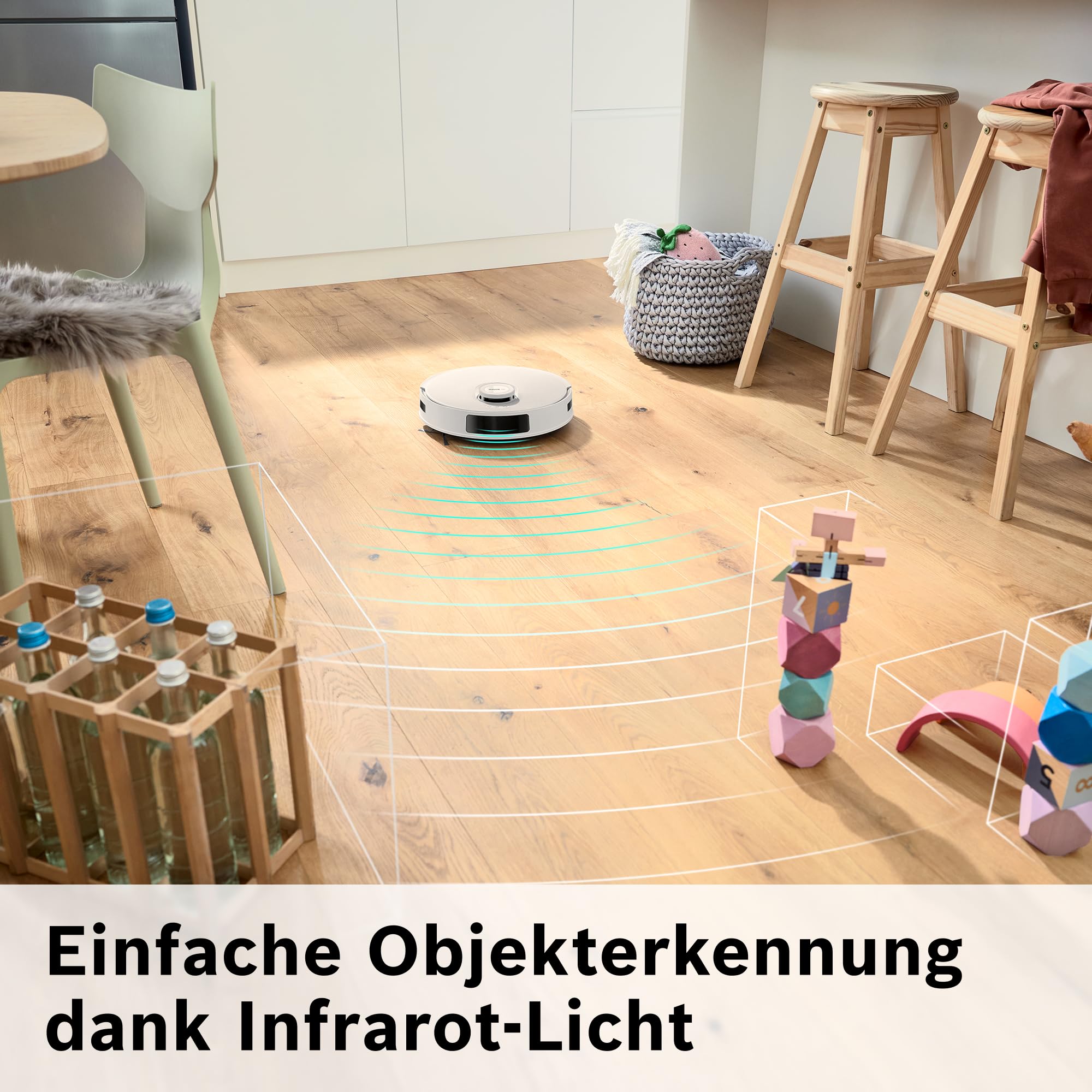 Bosch Spotless + BCRD1W Saugroboter mit Wischfunktion, 11.000 Pa Saugkraft, Wischpad, Trocken-Servicestation, Smart Vision Navigation mit Infrarot-Licht, Steuerung per App, weiß