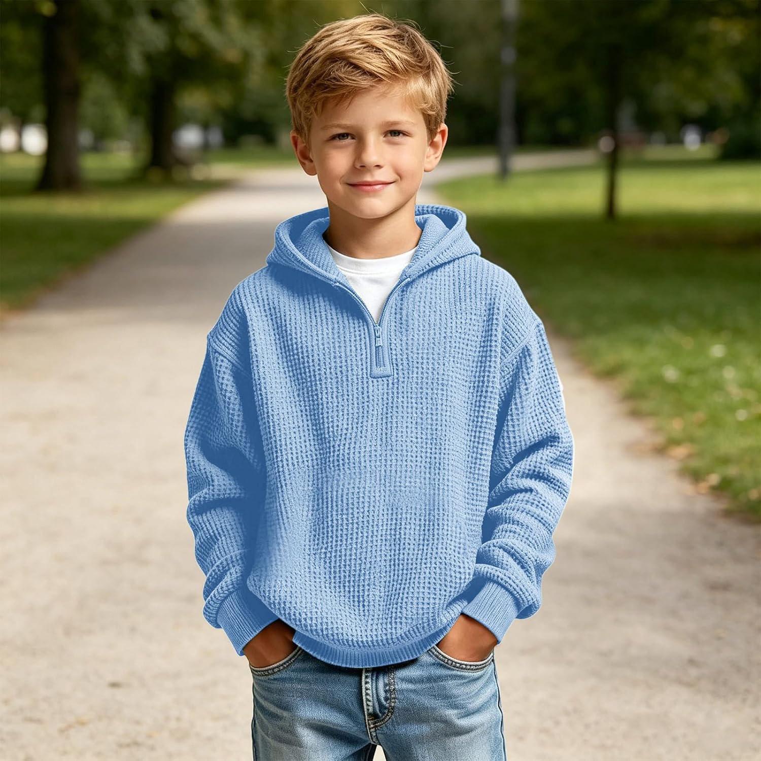 Boys Waffle Half Zip Hoodie Fleece Pullover Winter Top