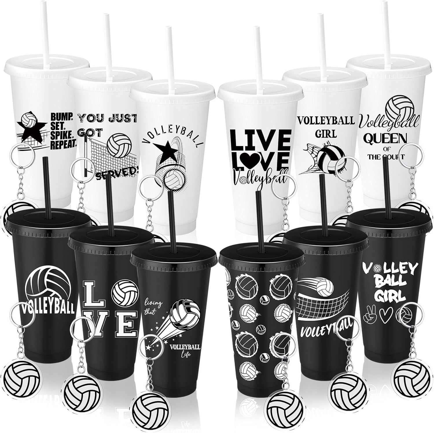 Nuogo 24 Pcs Volleyball Party Favor Volleyball Plastic Reusable Cups Tumbler with Lid Straw and 12 Acrylic Keychain Volley Ball Gifts for Team Fan Friend Coach Sport Lovers Gifts Party Supplies