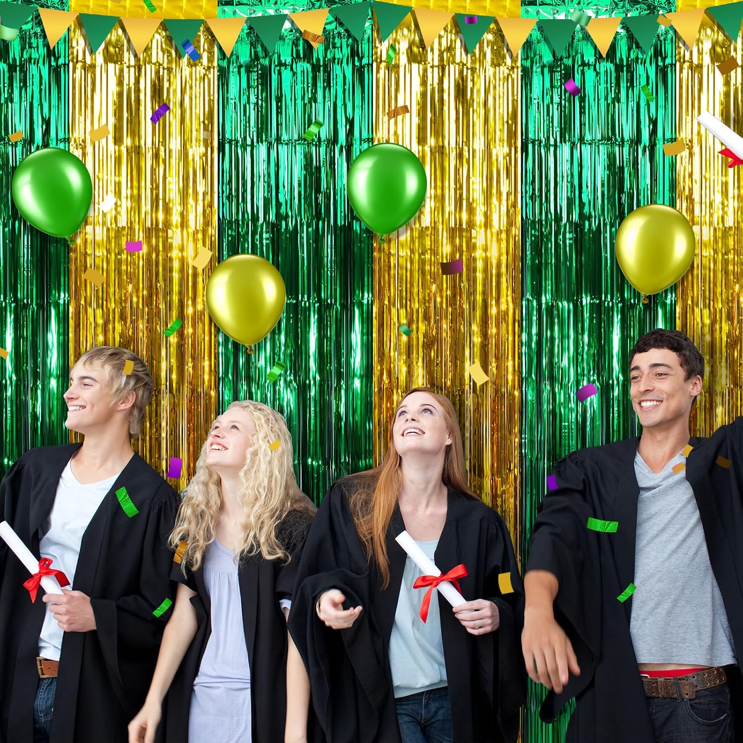 6Pack 3.3Ft x 6.6Ft Graduation Foil Fringe Curtain Backdrop Decorations, Green Gold Metallic Tinsel Foil Streamers Curtain Photo Booth Background for Graduation Prom Wedding Birthday Party Decoration thumbnail