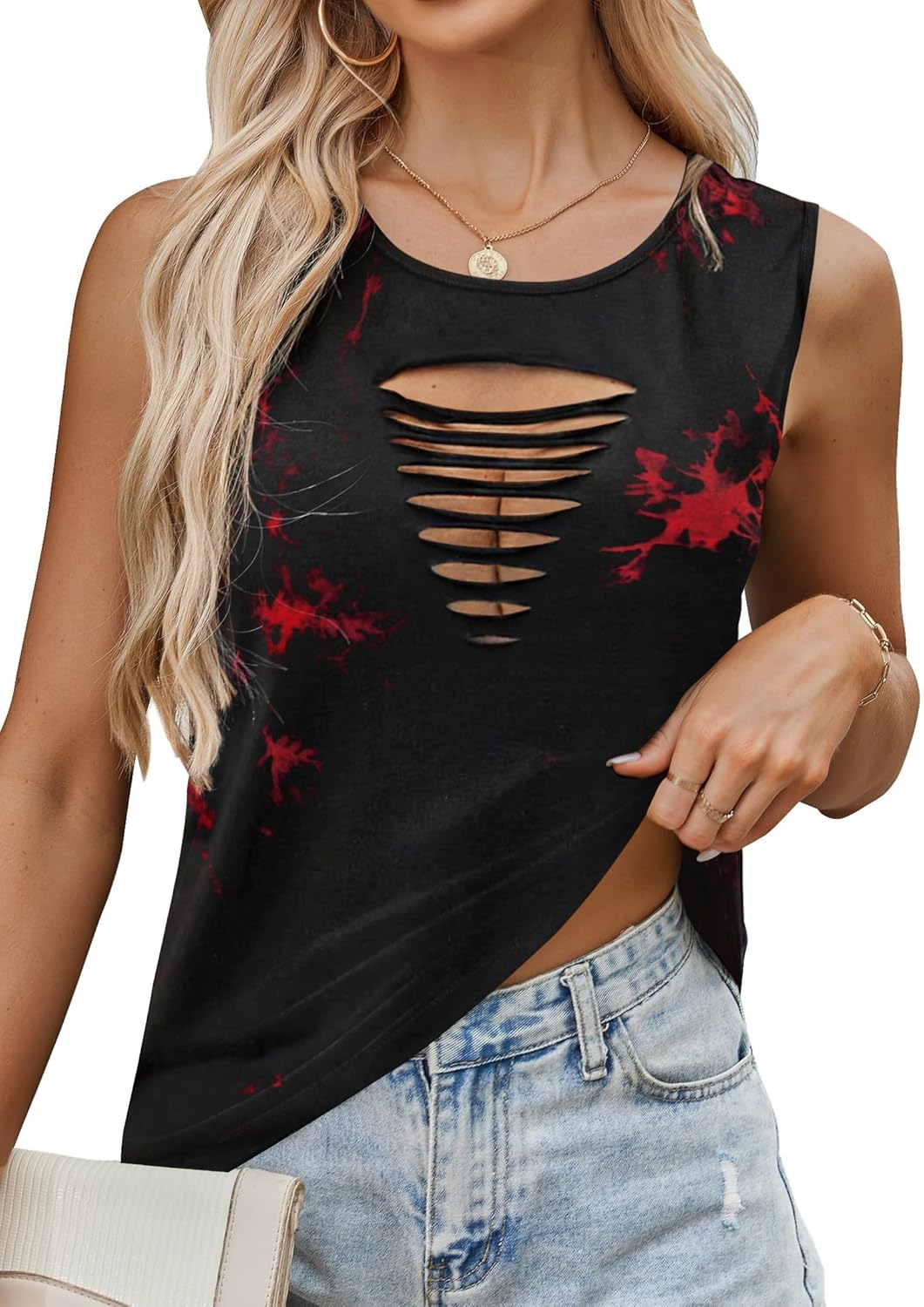 Remidoo Women's Rock Ripped Tank Top Distressed Cut Out Sleeveless Shirt - Image 3